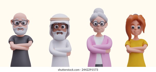 Vector characters with crossed arms. People are waiting. Men and women of different age and religion