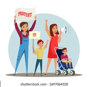 Vector characters crowd of protesting woman and mothers with children. People hold placards, woman shout slogans in megaphone. Civil activists, social problems, fight for freedom and rights concept