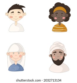 Vector characters of different races. Chinese, Norwegian, African American, Hindu