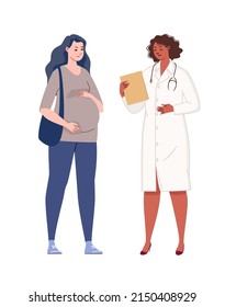 Gynecologist consults pregnant woman in clinic. Patient visits doctor to monitor health of mother and fetus. Concept of prenatal care. Vector characters flat cartoon illustration.
