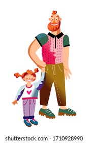 Vector characters happy loving family - dad holding his daughter by hand. Cartoon flat character design. Concept of Father's day, family holiday, carrying relationship, fatherhood and childhood