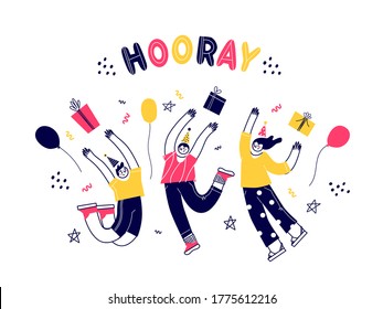 Vector characters have fun jumping. Birthday party. Different people celebrate. Flat vector illustration.