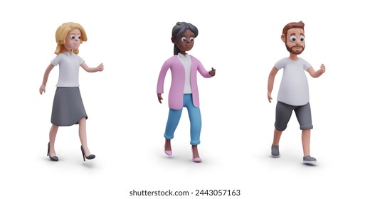 Vector characters are in hurry. Isolated man and woman running, being late, walking