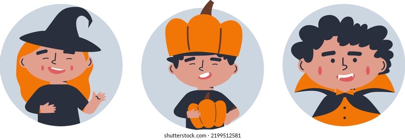 Vector characters and icons for Halloween in cartoon style. Traditional Halloween avatar. Children in Halloween costumes. Boo!