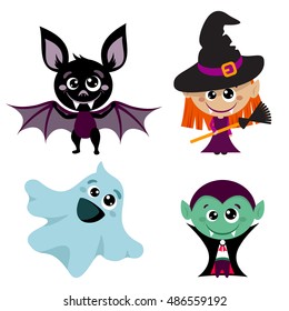 Vector characters and icons for Halloween in cartoon style. Ghost, witches, bat. Easy to edit vector illustration of Halloween character