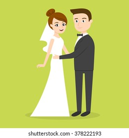 Vector characters: just married couple man and woman. Newlywed Bride & Groom.