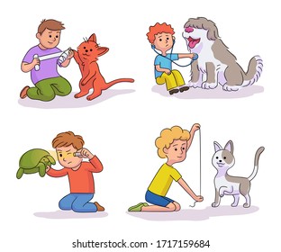 Vector characters kid veterinary takes care of animal set. Boy bandages paw cat, listens in stethoscope dog, plays in diagnosis or treatment. Profession for children, childhood and friendship concept