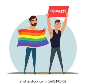 Vector characters man from LGBT community protesting on. Rally people holding placard and rainbow colored flag. Civil activists, social problems, gay pride, fight for freedom, rights, equality concept