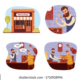 Vektorillustration-Charaktere Mann in pawnshop Set. Juwelier bewertet Schmuck; Verkäufer und Käufer vereinbaren Preis auf dem Deal; Pavillon-Flach-Design. Schmuckindustrie, Dienstleistungen und Reparatur, Edelsteinwerkskonzept