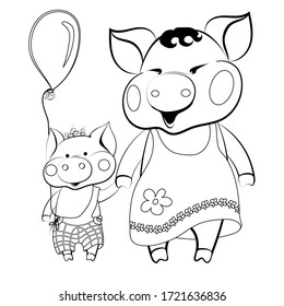 Vector расскраска Characters mom Pig and Son Piggy merrily, holding hands holding the piglet holding a ball. Happy childhood Drawing of a cute cartoon pet.