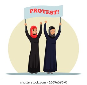 Vector characters muslim woman wearing hijab protesting. Rally women in black traditional muslim dress holding banner. Civil activists, social problems, feminism, fight for freedom and rights concept