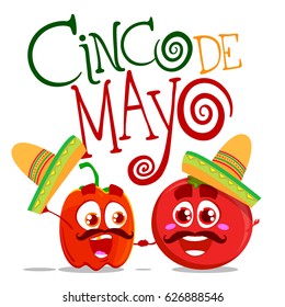 Vector characters of pepper and tomato. Isolated on white background. Holiday cinco de mayo.