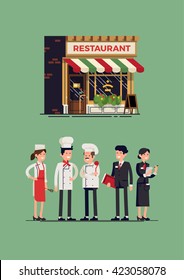 Vector Characters Restaurant Staff Line-up And Eatery Building In Trendy Flat Design. Chef, Assistants, Manager Or Host, Waitress Or Hostess Standing In Front Of Restaurant. Foodservice Professionals