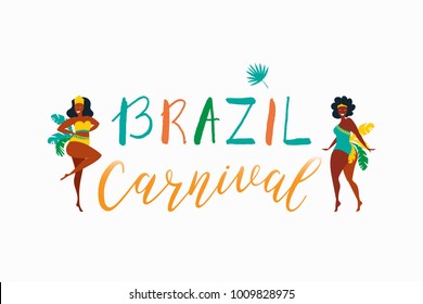 Vector characters. Set of brazilian samba dancers of the carnival in Rio de Janeiro. Vector illustration in retro flat style with carnival women. Design element for carnival concept.