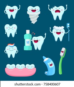 Vector characters set of funny teeth and toothbrush. Cartoon mascot illustrations. Tooth healthy and toothbrush, mascot character teeth
