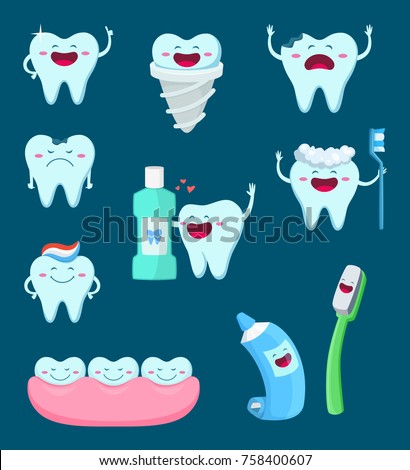 Vector characters set of funny teeth and toothbrush. Cartoon mascot illustrations. Tooth healthy and toothbrush, mascot character teeth