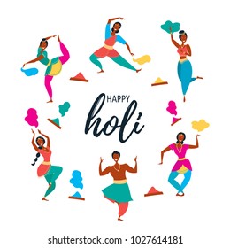 Vector characters. Set of indian dancers of the festival of colors. Vector illustration in retro flat style with carnival women and men. Design element for holi party. Vector illustration.
