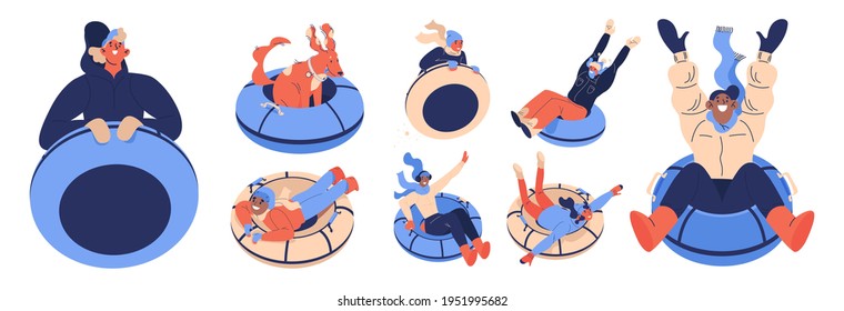 Vector characters set with people and pet riding snow tubing donuts. Happy characters with raised hands smiling and happy while racing