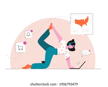 Vector characters set for web, business, advertisement, social media, beauty projects. Woman does yoga with black cat. Lockdown. Work at home. Girl with dark hair in green trousers and white t-shirt.