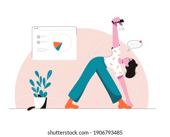 Vector characters set for web, business, advertisement, social media, beauty projects. Woman does yoga with black cat. Lockdown. Work at home. Girl with dark hair in green trousers and white t-shirt.