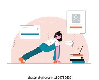 Vector characters set for web, business, advertisement, social media, beauty projects. Woman does yoga with black cat. Lockdown. Work at home. Girl with dark hair in green trousers and white t-shirt.