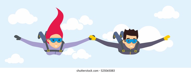 Vector characters skydivers man and woman. Paratroopers flying in the blue sky.