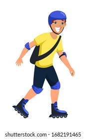 Vector characters smiling man rides to roller skate outdoors. Cartoon flat character design of front view isolated on white background. Leisure, recreational activity and sport spare time concept