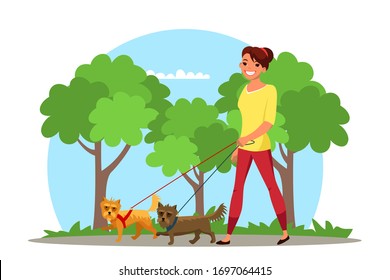 Vector characters smiling young girl walking two small dogs on leashes. Happy woman and her pets spend time in park together. Relaxing with pets, communication love, leisure, care of animal concept