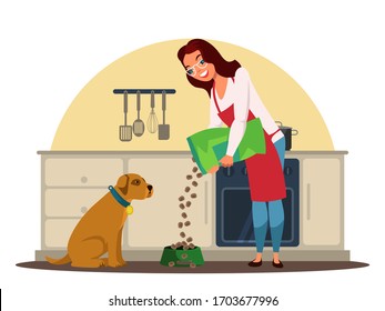 Vector characters smiling young girl feeding  dog at kitchen. Happy woman and her domestic pets spend time at home together. Relaxing with pets, communication love, leisure, care of animal concept