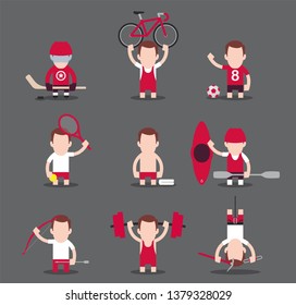 Vector characters symbolizing different kinds of sports. Hockey, Cycling, Football, Tennis, Swimming, Canoeing, Archery, Weight lifting, Climbing.