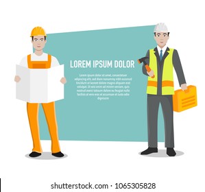Vector characters of two engineers on the green background. Can be used for web banner 