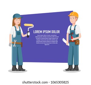 Vector characters of two workers on the green background. Can be used for web banner 