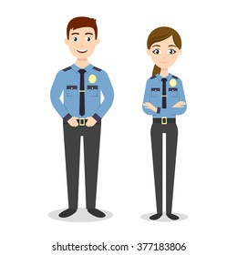 Vector characters: two young happy police officers, man and woman.