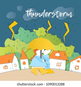 Vector Characters. Weather Forecast in papercut style. Girl and boy outdoors on a stormy day.Children's applique style