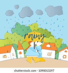 Vector Characters. Weather Forecast in papercut style. Girl and boy outdoors on a rainy day.Children's applique style
