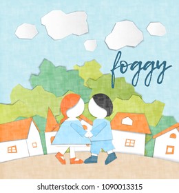 Vector Characters. Weather Forecast in papercut style. Girl and boy outdoors on a foggy day.Children's applique style