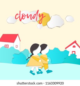 Vector Characters. Weather Forecast in papercut style. Girl and boy outdoors on a cloudy day.Children's applique style
