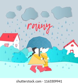 Vector Characters. Weather Forecast in papercut style. Girl and boy outdoors on a rainy day.Children's applique style
