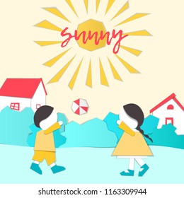 Vector Characters. Weather Forecast in papercut style. Girl and boy outdoors on a sunny day.Children's applique style
