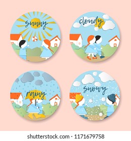 Vector Characters. Weather Forecast in papercut style. Girl and boy outdoors on a sunny/cloudy/rainy day.Children's applique style