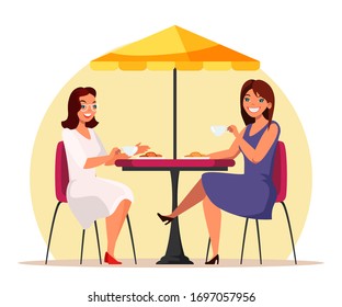 Vector characters of women sitting in cafe and drinking coffee.  Two girls eating breakfast, friend meeting, talking. People in restaurant, food court interior, cafe and bar concept in cartoon style