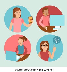 Vector characters working at computers - in flat retro style - women and girls