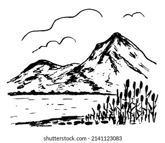 Vector charcoal pencil drawing in engraving style. Summer nature, mountain landscape, lake and reeds. Tourism and travel.