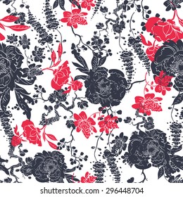Vector Charcoal Red Kimono Flowers Seamless Pattern
