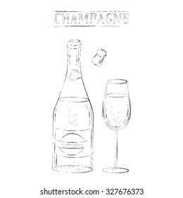 Vector charcoal sketch of open champagne bottle, cork and flute glass. Black line art drawing on white background.