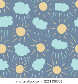 Vector charcoal suns with clouds seamless pattern