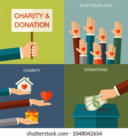 Vector charity and donation concept. Banner illustration with social charity and donation icons and symbols, flat style. 