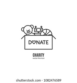 Vector charity and donation concept illustration - box with toys for children