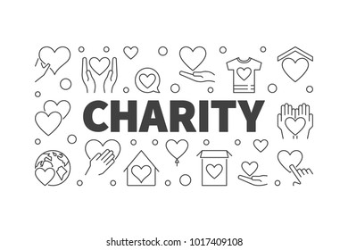 Vector charity and donation minimal horizontal banner or illustration in thin line style