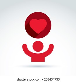 Vector charity and donation symbol. Illustration of a red loving heart and a human with hands up. Concept of assistance and volunteer.
